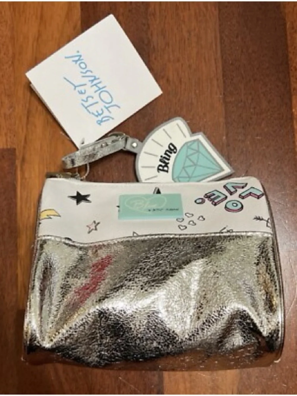 Blue by Betsey Johnson White Cosmetic Pouch with Mint Logo Plate and Star Print